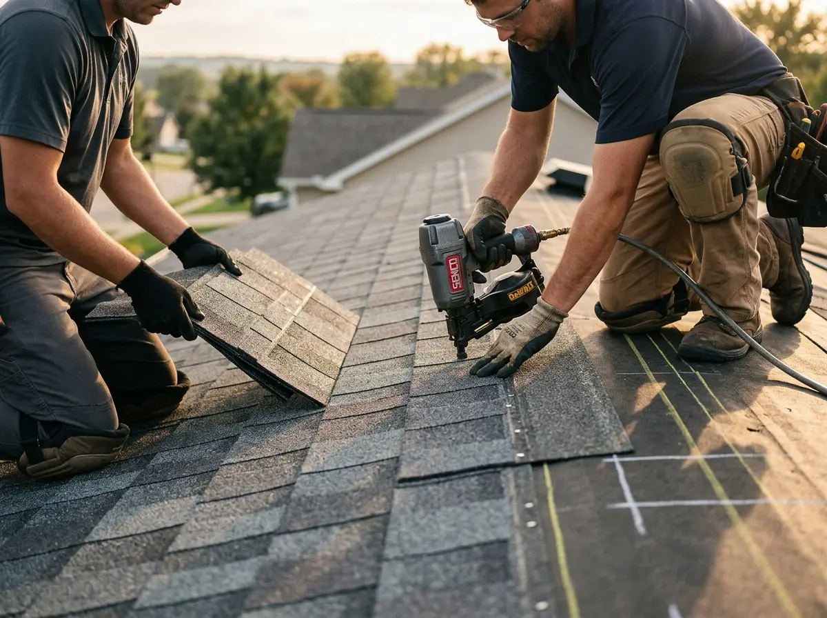 Professional roofer working on a residential roof in Oneonta
